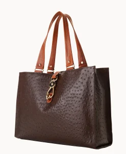 Dooney & Bourke Exotic Leather|Shoulder Bags<Ostrich Large Logo Lock Tote Brown Tmoro