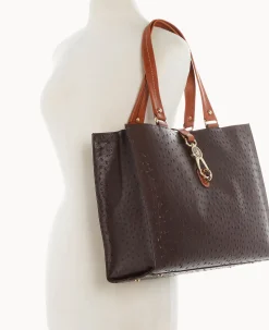 Dooney & Bourke Exotic Leather|Shoulder Bags<Ostrich Large Logo Lock Tote Brown Tmoro