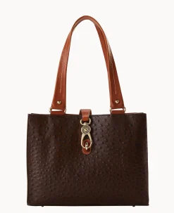 Dooney & Bourke Exotic Leather|Shoulder Bags<Ostrich Medium Logo Lock Tote Brown Tmoro