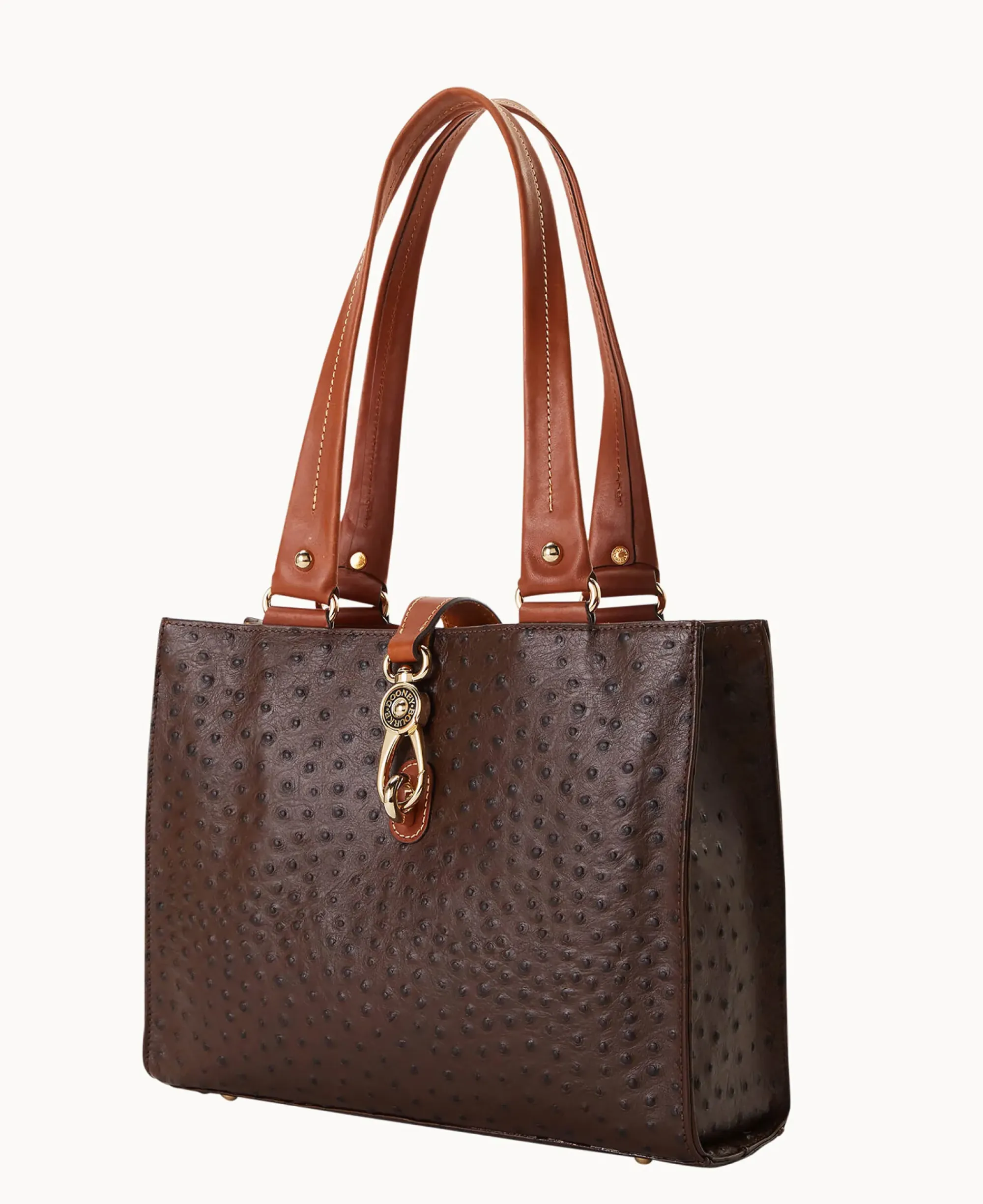 Dooney & Bourke Exotic Leather|Shoulder Bags<Ostrich Medium Logo Lock Tote Brown Tmoro