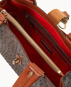 Dooney & Bourke Exotic Leather|Shoulder Bags<Ostrich Medium Logo Lock Tote Brown Tmoro