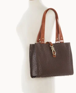 Dooney & Bourke Exotic Leather|Shoulder Bags<Ostrich Medium Logo Lock Tote Brown Tmoro