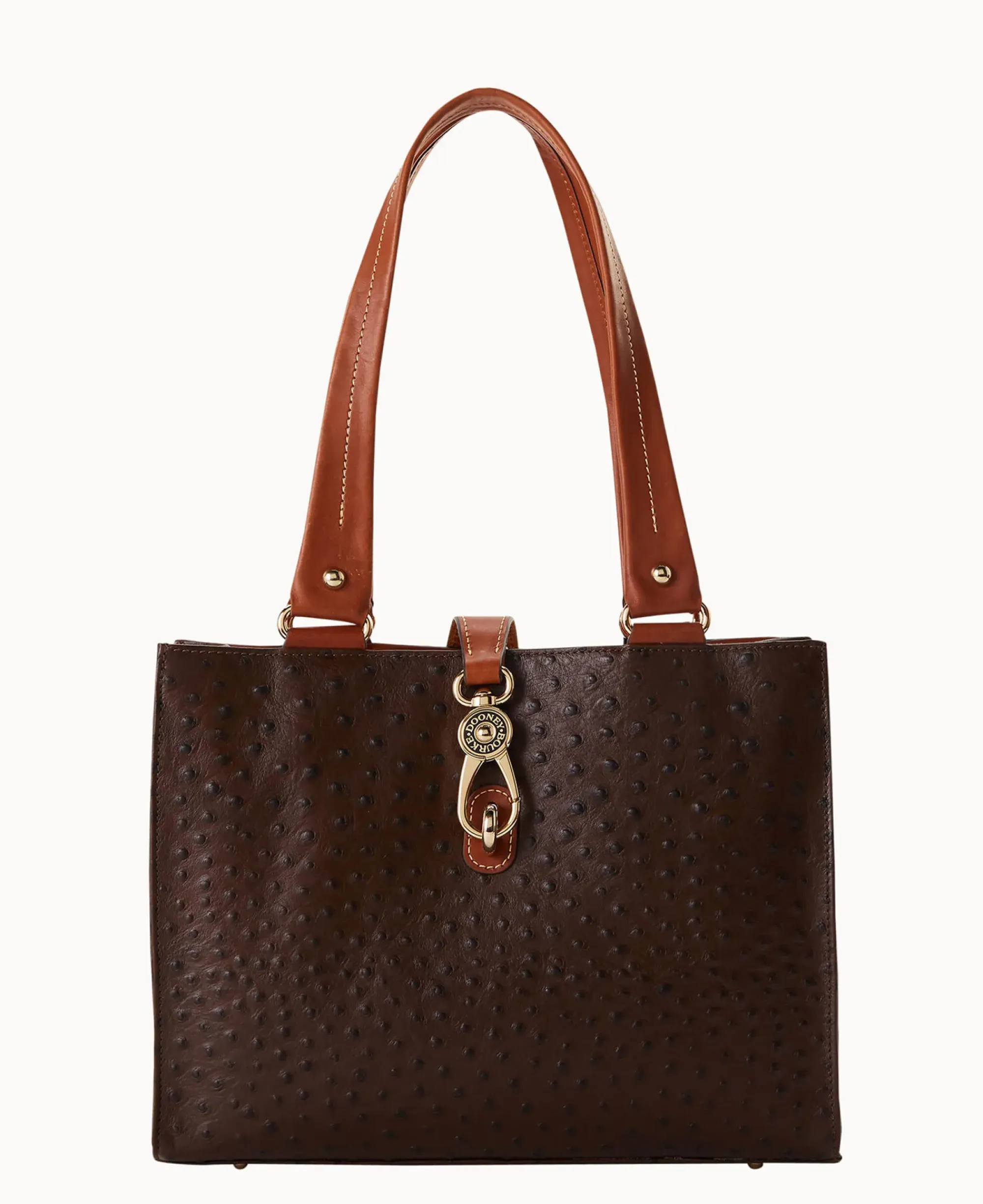 Dooney & Bourke Exotic Leather|Shoulder Bags<Ostrich Medium Logo Lock Tote Brown Tmoro