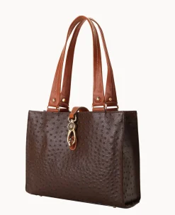 Dooney & Bourke Exotic Leather|Shoulder Bags<Ostrich Medium Logo Lock Tote Brown Tmoro